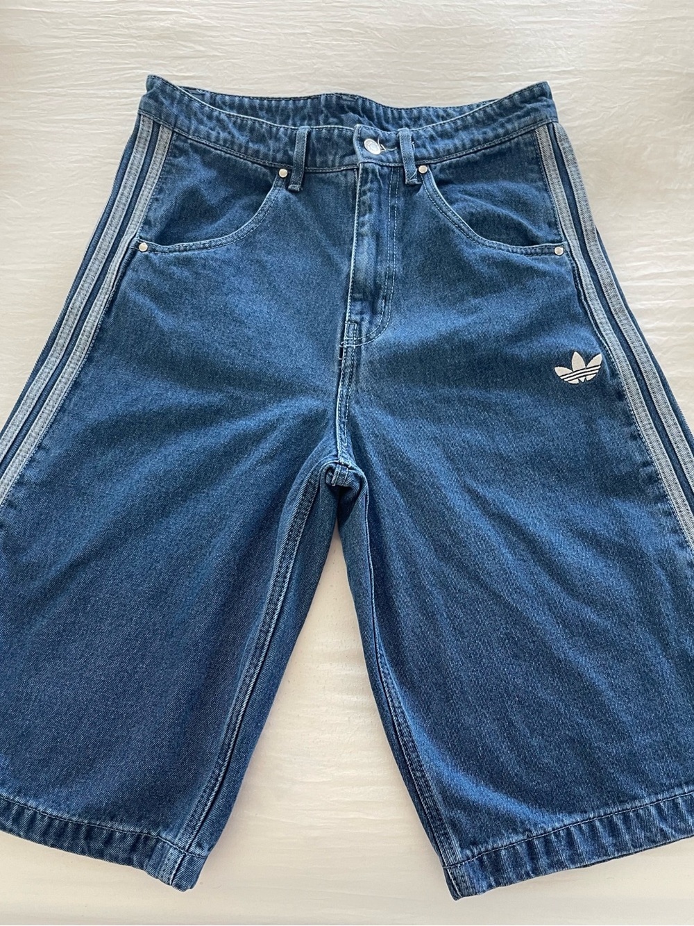 adidas Light Blue Denim Shorts with White Trefoil Tag - Picture 2 of 9